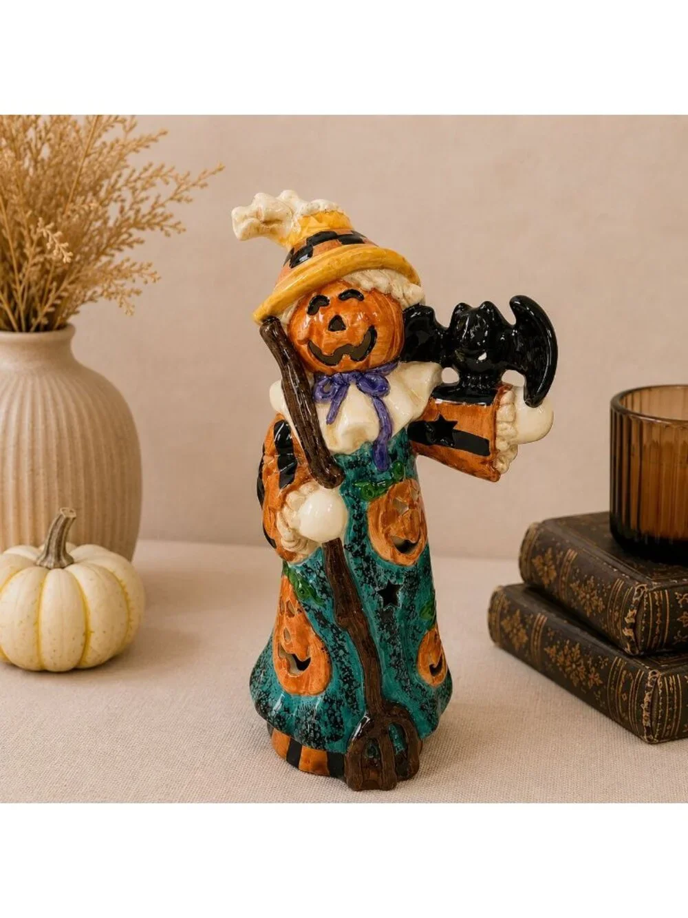 Halloween Pumpkin Scarecrow Tea Light Holder VTG Spooky Ceramic Figurine Ghost